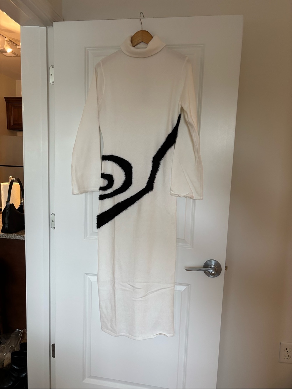 NA-KD brand, White Long-Sleeve Turtleneck Maxi Dress with Black Graphic Detail